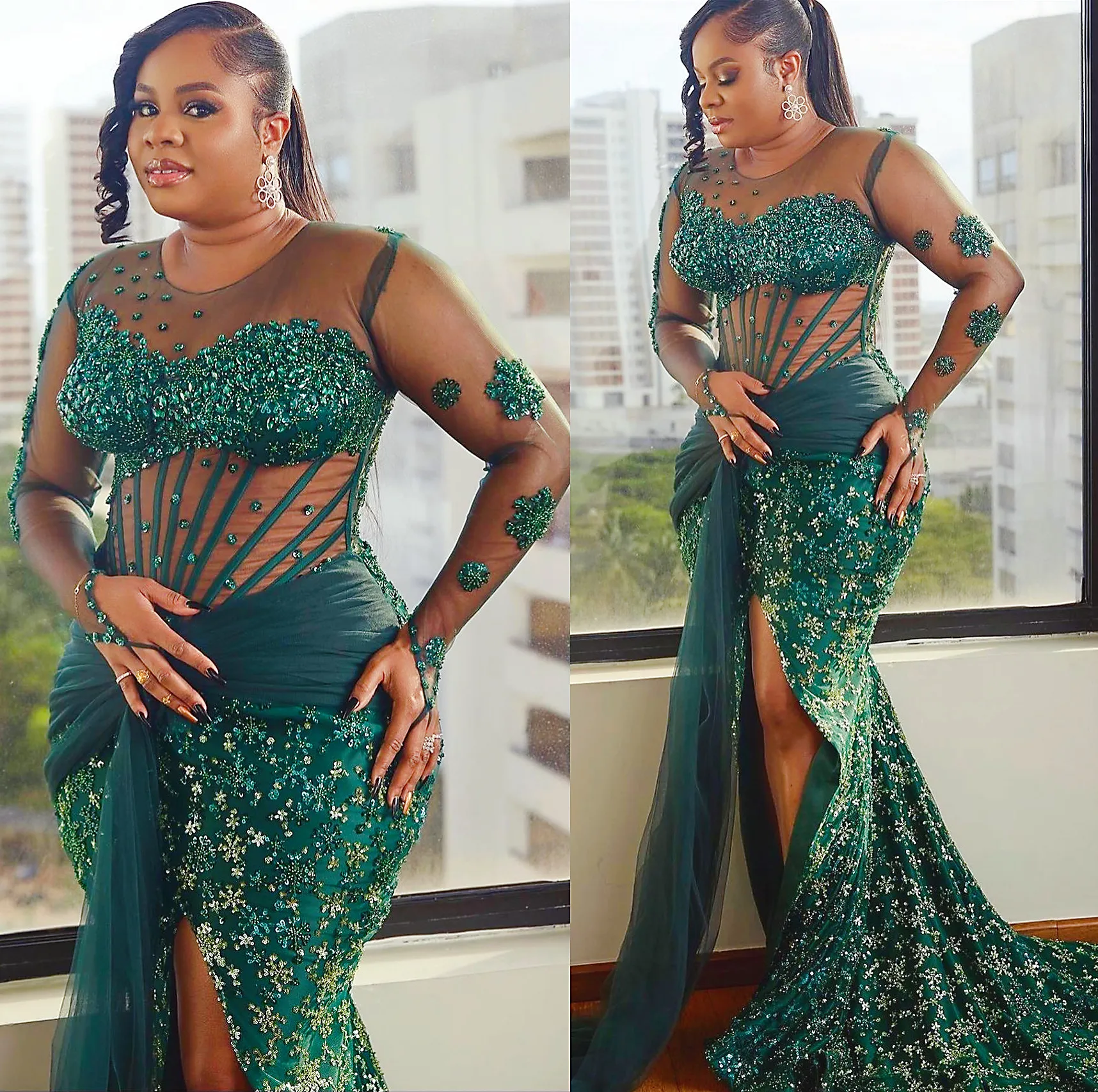 EBI 2024 ASO Dark Green Mermaid Prom Abito Cristalli in rilievo con sequenza sequenza Formale Reception Birthday Gowns Abiti abiti Robe De Soiree ZJ404 ES