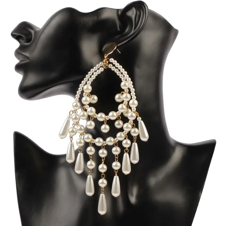 Smycken guldfärg metall handgjorda simulerade pärlor stora dingrelörhängen för kvinnor mode ny parti uttalande långa droppe örhängen
