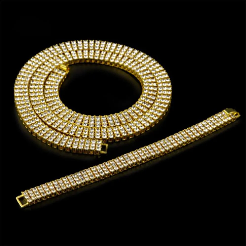 Whos 3 Row Simulado Diamante Bling Tênis Corrente Colar e Pulseira de 8 polegadas Conjunto Mens Banhado A Ouro Prata Iced Out Hip Hop Jewel297O