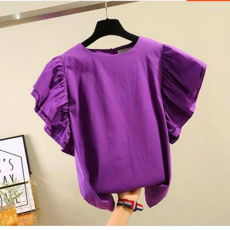 Kvinnors blusar 2023 Fashion Women Summer Cotton Linen Shirts Ruffles Short Sleeve Ladies Tops Offics Wear Elegant -