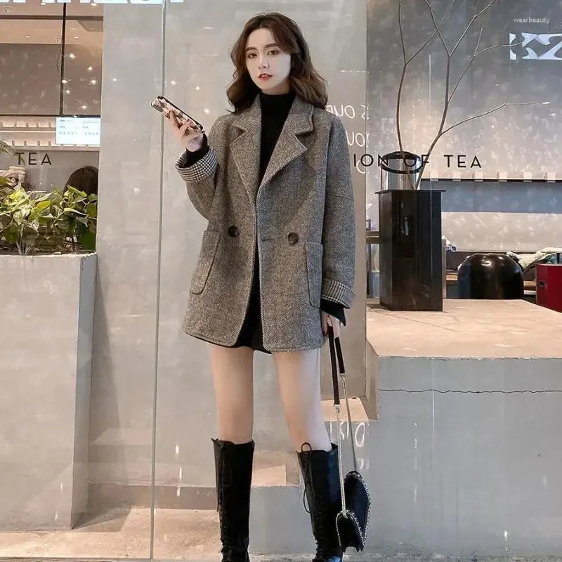 Women's Suits Blazer Woman Jacket Dress Outerwears Long Tweed Clothes Check Over Plaid Coats For Women Loose Wool & Blend High Quality Bring
