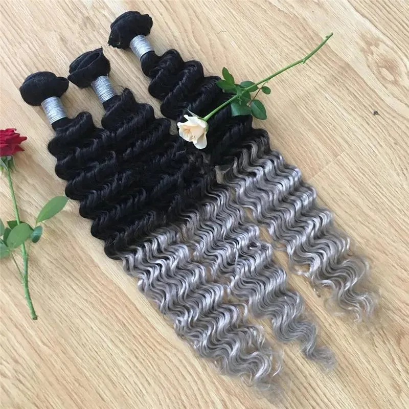 Extensions Gris brésilien vague profonde 3pcs lot ombre argent gris cheveux tissage faisceaux 1b gris deux tons brésiliens Virginn extensions de cheveux humains