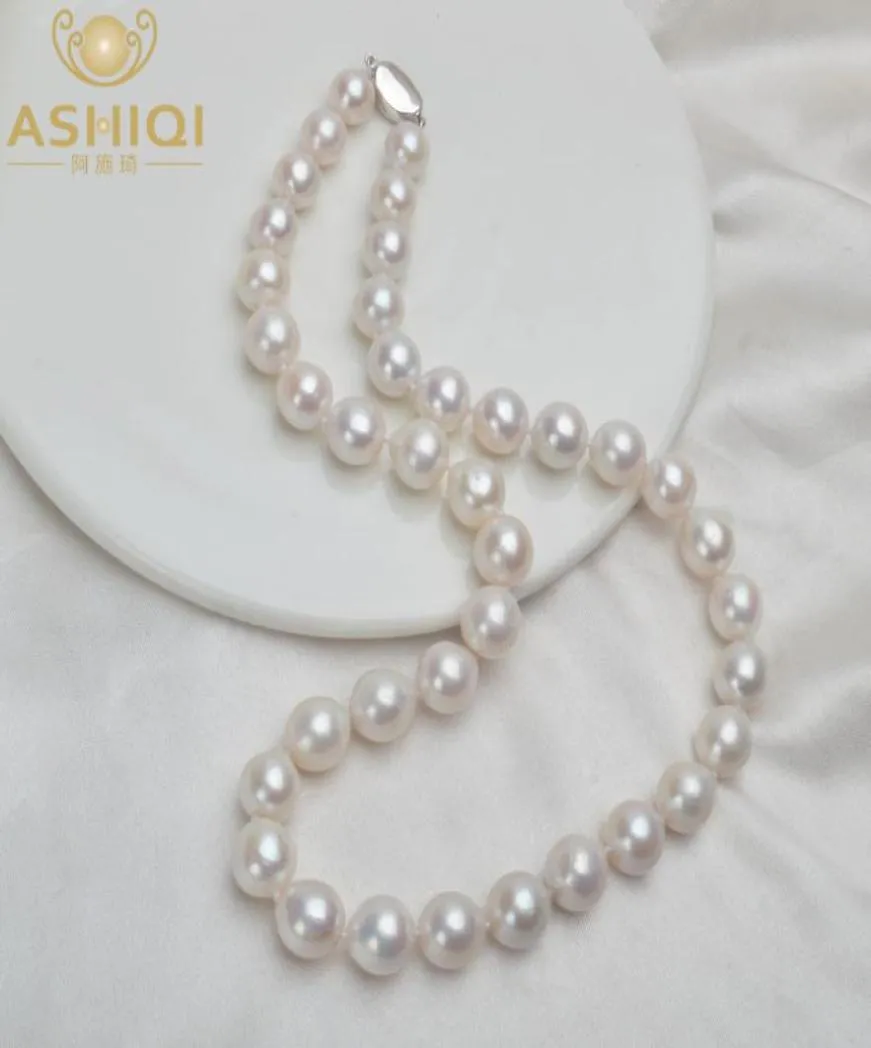 ASHIQI 1012mm Big Natural Freshwater Pearl Necklace for Women Real 925 Sterling Silver Clasp White Round Pearl Jewelry Gift 201228107014