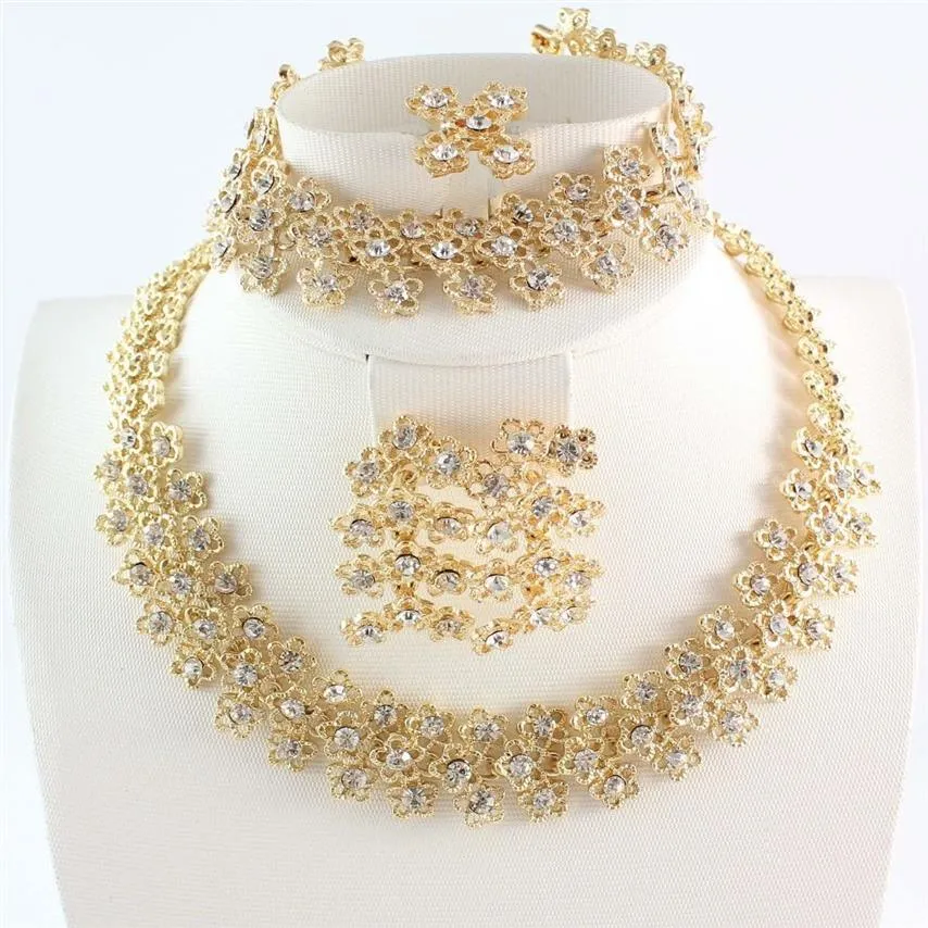 Fashion Women Gold Plated Crystal Bridal Jewelry Sets Alloy Necklace Bracelet Earring Ring Jewelry Sets206a
