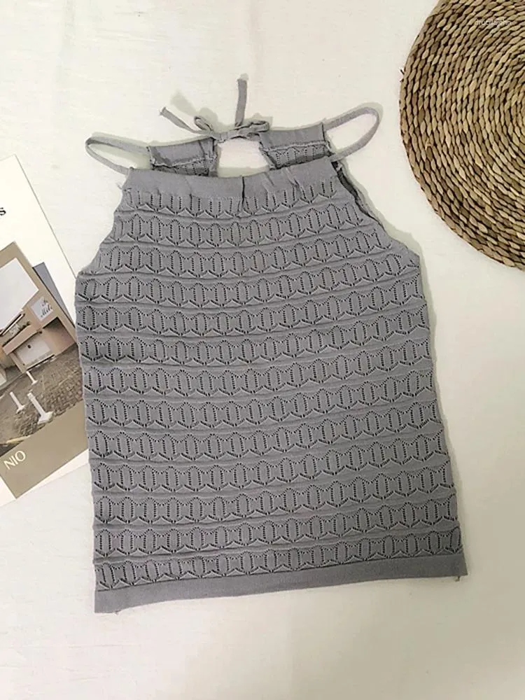 Damen-Tanks für Damen, Sommer, koreanisches Vintage-Stil, hohles Muster, gestrickt, kleine Schlinge, außen und darunter getragen, mit einem Weste-Oberteil mit Boden D2707