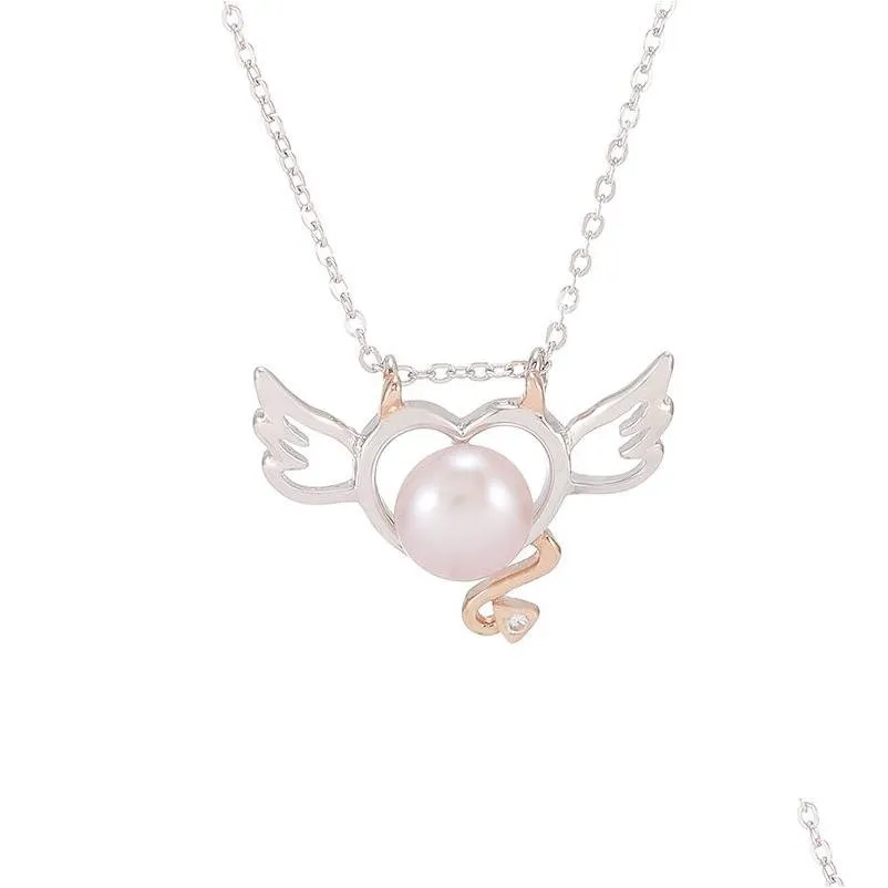 Paramètres de bijoux Simple en forme de coeur ange perle pendentif collier femme S925 pur Sier délicat bricolage support vide montage clavicule Ch Dhqm3