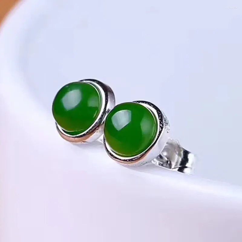 Dangle Oorbellen Echt 925 Sterling Zilver 5mm Natuurlijke Groene Jade Ronde Stud