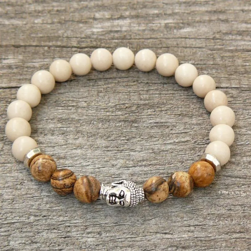 SN0232 NOWOŚĆ srebrnego Buddy Wrap Men Bransoletka Buddha Jasper Bransoletka Buddha Jogry Yoga Unisex Stretch Bransoletka 20101U