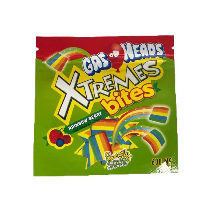 wholesale wholesale Empty 600mg Gas Heads Mylar Bags Smell Proof Xtremes Bites Rainbow Berry Sweetly Sour Edibles Gummies Package