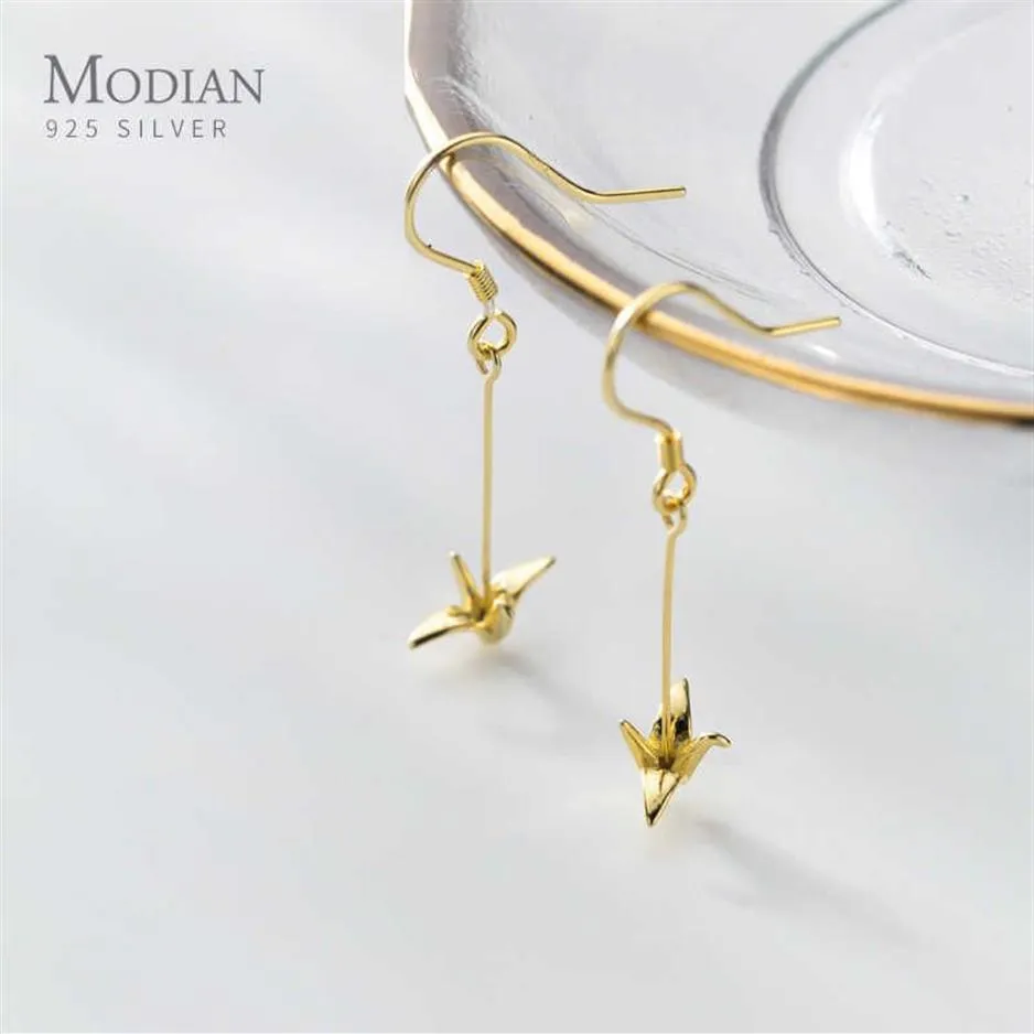 Moidan Fashion 925 Sterling Silver Cute Paper Crane Long Chain Drop Earrings for Women Girl Gold Color Earrings Fine Jewelry 21061245O