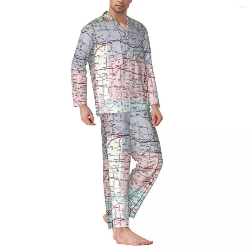Mäns Sleepwear USA Midwest Map Autumn Retro Print Casual Overdimensionerad Pyjama Set Man Långärmning Kawaii Daglig anpassad hemdräkt