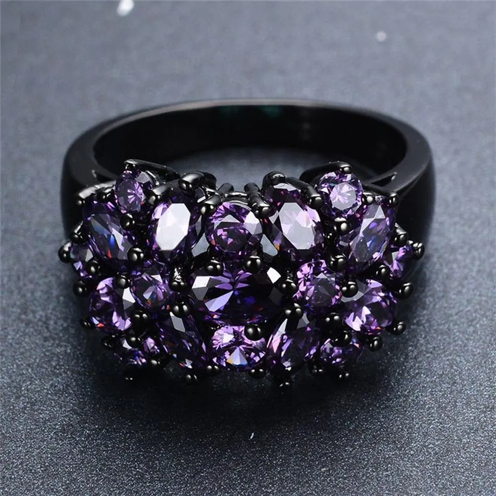 Small Oval Purple Crystal Zircon Star Flower Rings For Women Men Vintage Black Gold Multicolor Stone Ring Female Wedding Jewelry326H