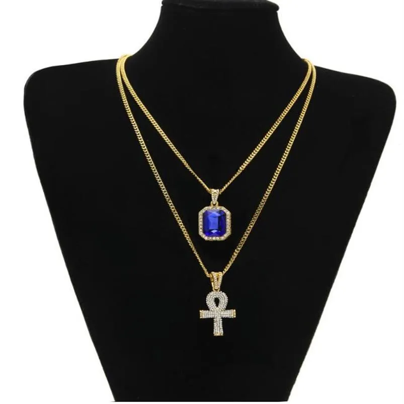 New Designer Egyptian Ankh Key of Life Bling Rhinestone Cross Pendant With Red Ruby Pendant Necklace Set Men Hip Hop Jewelry2230