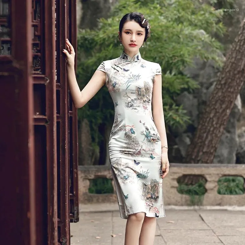 Vêtements ethniques Daily Cheongsam style chinois 2023 été à manches courtes double couche de soie mi-longue améliorée robe qipao pour les femmes