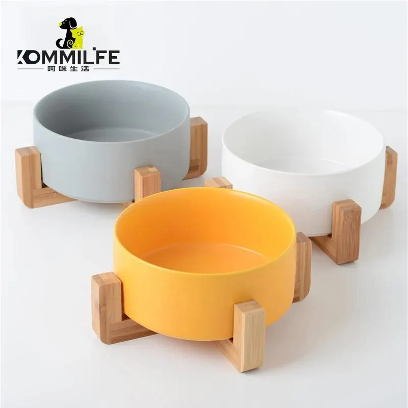 Anelli Ciotola per cani in ceramica Ciotola per animali antiscivolo per cani Diametro 12,820 cm Mangiatoia per cani con supporto in legno Ciotola per cibo per cani per gatti Forniture per cani