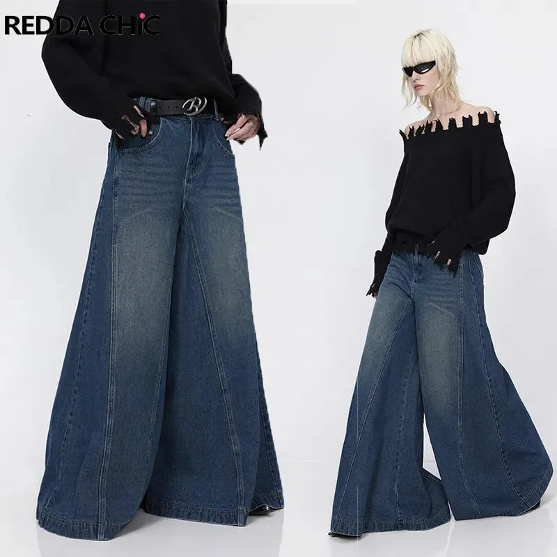 Jeans kvinnors jeans reddachic koreanska snygga kvinnor baggy blossade ben lös vintage elefant klocka bottnar bootcut blå byxor hög midja tr