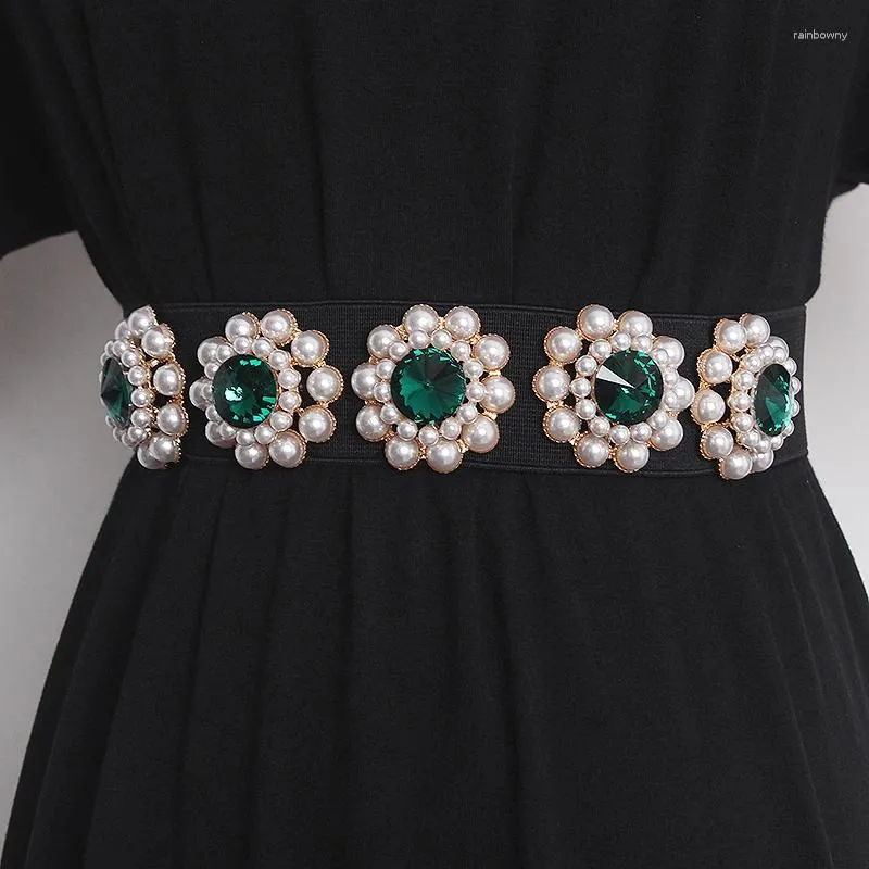 Belts 2023 Luxury Rhinestone Pearl Waist Belt For Women Elegant Bling Crystal Elastic Band Corset Dress Shirt Cinture
