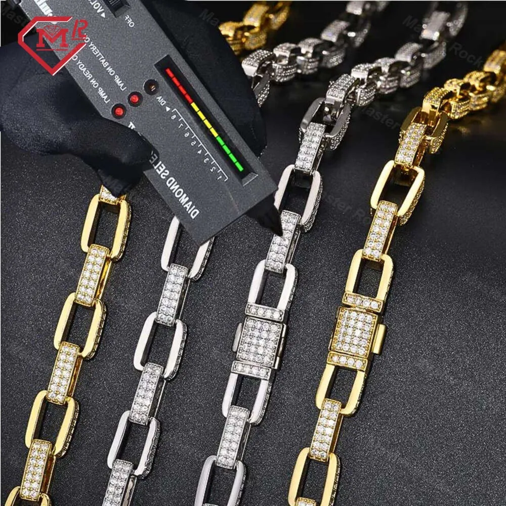 11Mm Hiphop Iced Out 2 Row Square Box Gold Plated Sier Moissanite Cuban Link Chain