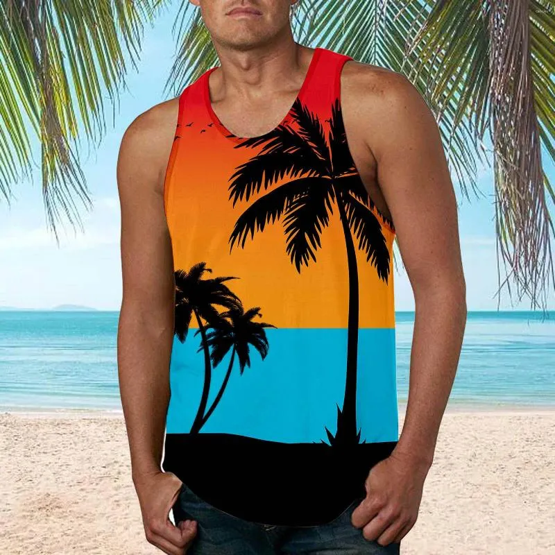 Men's Tank Tops Spring Summer Casual Top Shirt Sea Beach Printed O Neck Blouses Sleeveless Tanks Fashion Heavy Cotton T
