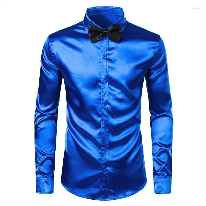 Camisas casuais masculinas Royal Blue Silk Dress Camisa Homens Chemise 2023 Cetim Suave Partido Prom Busienss Casamento Masculino com Gravata Bow