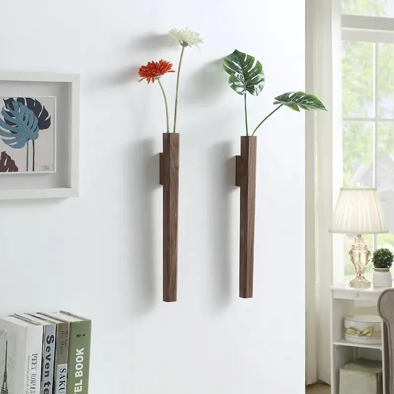 Vases Creative Chinese Wooden Wall vase Dried flower ornaments Home living room Wall mount Hydroponic container Black walnut