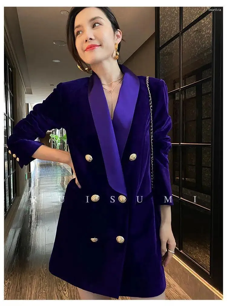 Costumes pour femmes haut de gamme élégant Style rétro veste de costume en velours violet printemps et automne Double boutonnage mi-long Blazer droit
