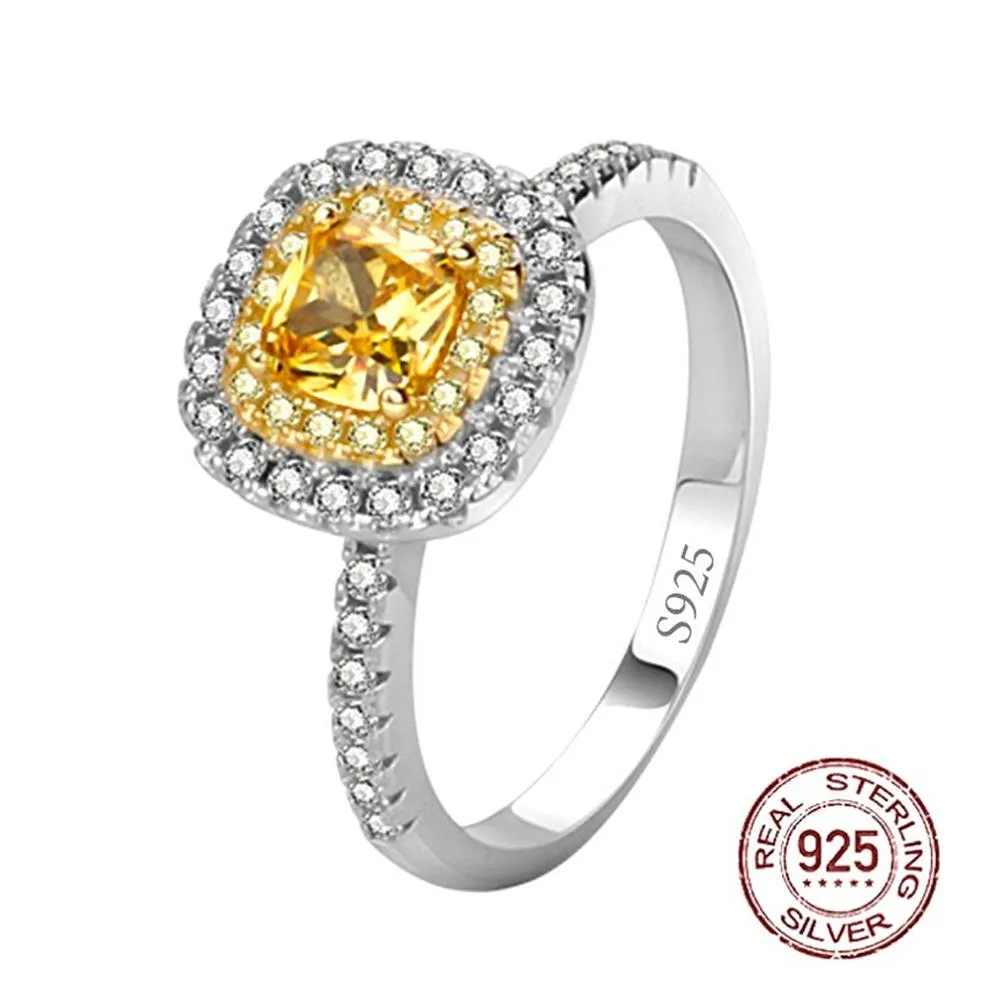 Solid 925 Sterling Silver Ring Luxury 6mm karat Yellow Created Diamond Fit Women Party Fashion Jewelry J-486195U