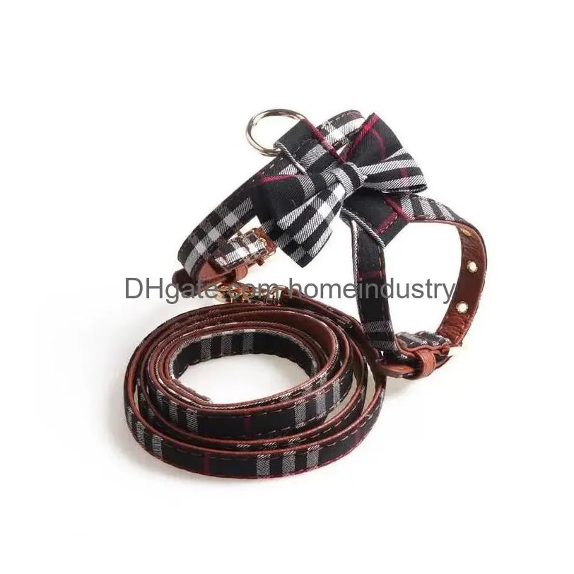 Fashion British Style Plaid Pattern Dog Harness And Leashes Set For Small Medium Dogs Pl Adjustable Designer Harnesses With Bow Ves Dhmc3