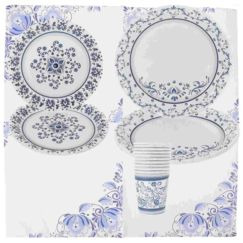 Conjuntos de louça azul e branco porcelana tema festa placas de papel tecido aniversário utensílios de mesa copos descartáveis suprimentos decorativos para