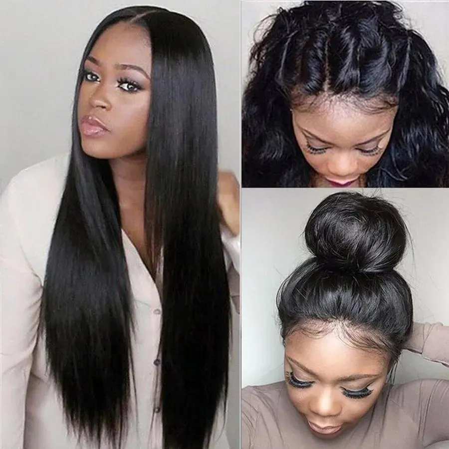 Wigs Lace Front Human Hair Wigs Soft Straight Malaysian Virgin Hair Natural Hairline 150% Density Glueless Bleached Knots