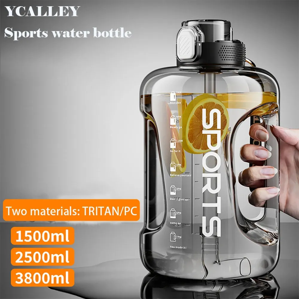 YCALLEY Copo de Fitness Bpa Garrafa Bebendo Livre Grande Capacidade Portátil TRITAN Garrafa de Água Esportiva Com Palha 1700ML2500ML3800ML 231229