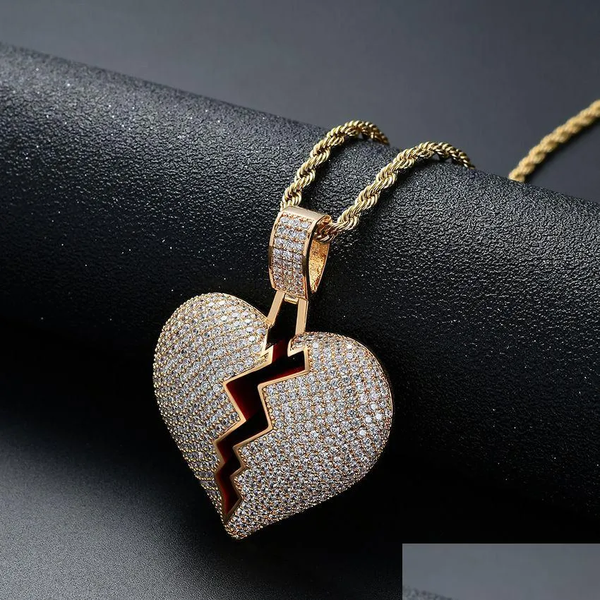 Hanger Kettingen 18K Goud Gebroken Hart Ketting Hip Hop Koper Kubieke Zirkoon Sieraden Set 60Cm Kettingen Combinatie Gezamenlijke Harten Diamon Dhvjr