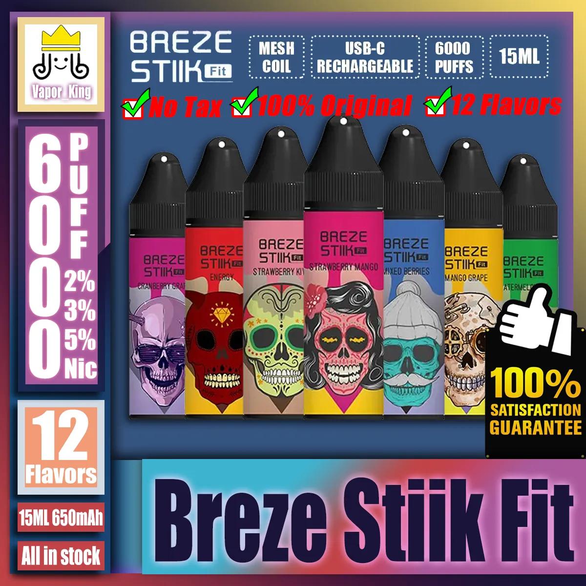 オリジナルのBreze Stiik Fit 6000 6k Puff 6000 6k充電式Eタバコ2％/5％メッシュコイル解散蒸気ペン600mAhバッテリー17ml vs BS6500 7500 8500