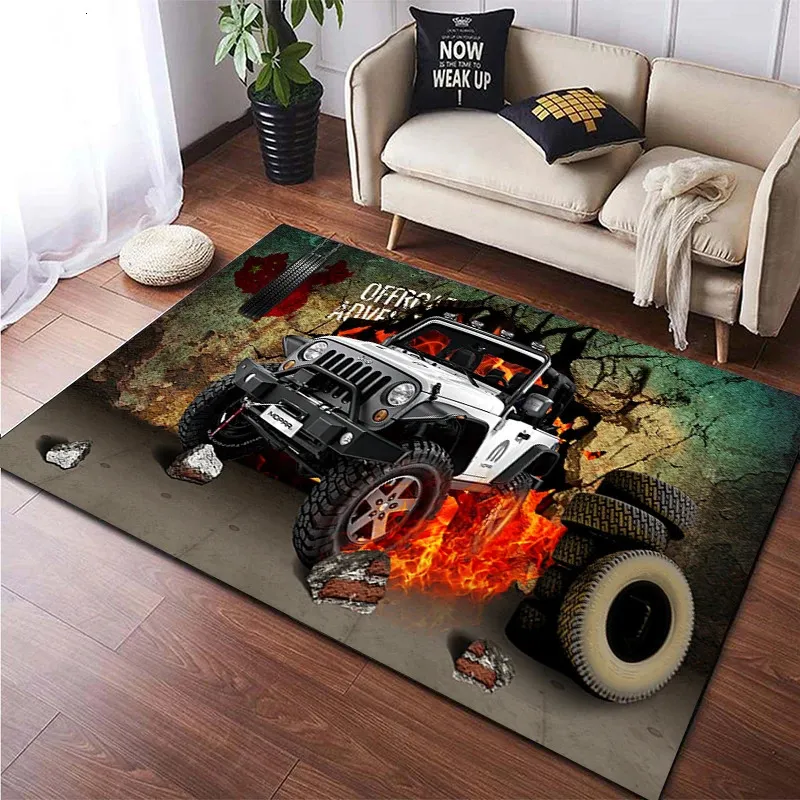 3D Vintage Car Area Rug Stor matta för vardagsrum sovrum soffa dekoration dörrmatta kök nonslip golvmatta picknickläger 231229