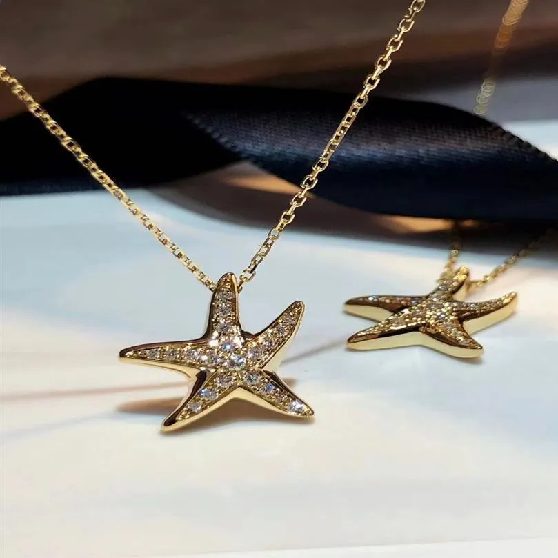 14k Gold Starfish Diamond Pendant Real 925 Sterling Silver Charm Wedding Pendants Halsband för kvinnor Bridal Party Choker Jewelry230C