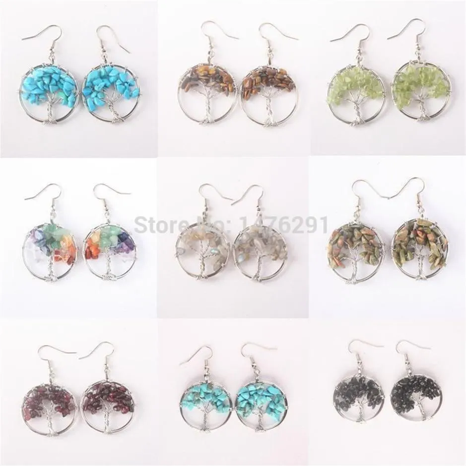 Tree of Life Wire Wrapped Tumbled Stone Pärlor Rund Dingle Drop Hook Earrings 1Pair1270T