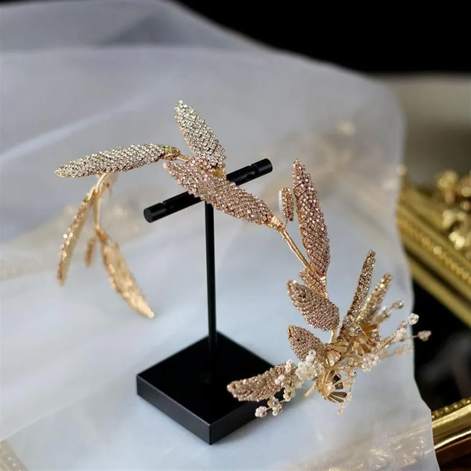 Haarspangen Haarspangen Braut Elegante Kristallperlen Blumen Haarband mit Ohrringen Gold Retro Blätter Kopfstück Luxus Stirnband Wed264Y