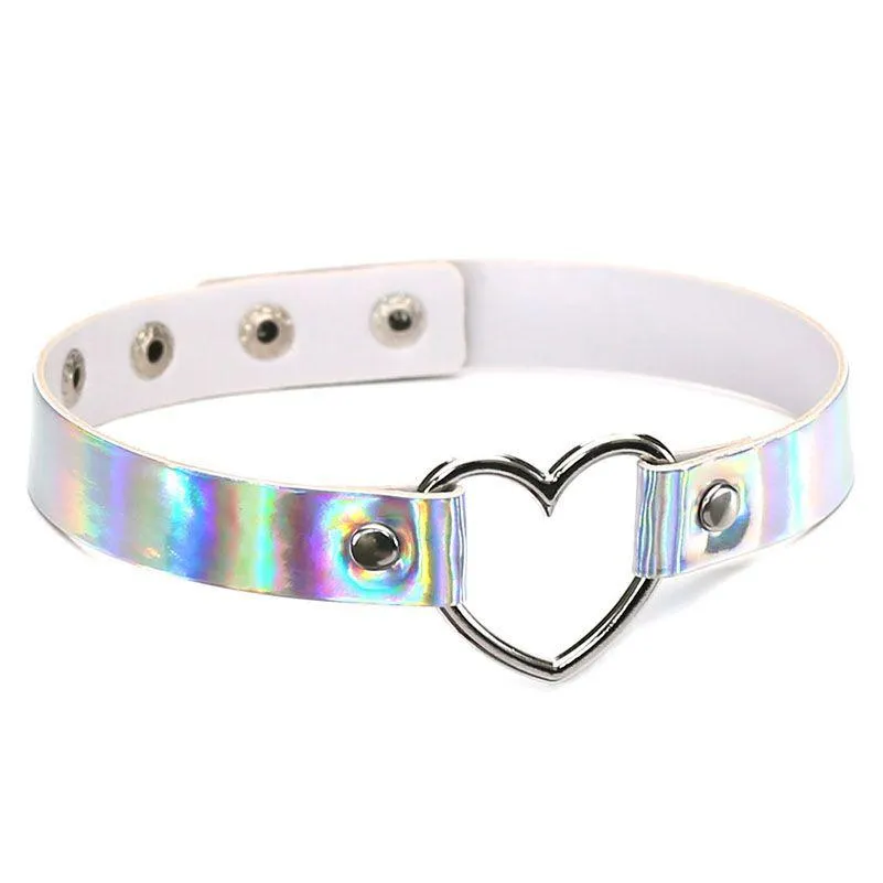 Chokers Chockers Harauku Pu Leather Choker Necklace Women Holographic Heart Metal Laser Collares Chocker Jewelry Will And Sandy Drop Dhfzn