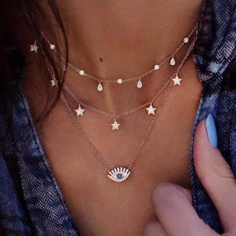 Vintage Gold Color Crystal Water Drop Star Eye Pendant Necklace for Women Boho Charm Layered Necklaces Collars 6384259n