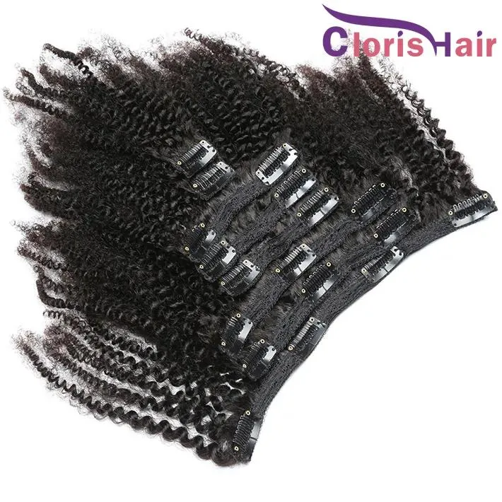 Estensioni Testa piena Clip di capelli afro crespi ricci nelle estensioni 1B Nero naturale Tessuto per capelli umani vergini peruviani Clip Ins 8 pezzi 120 g / set Consegna rapida