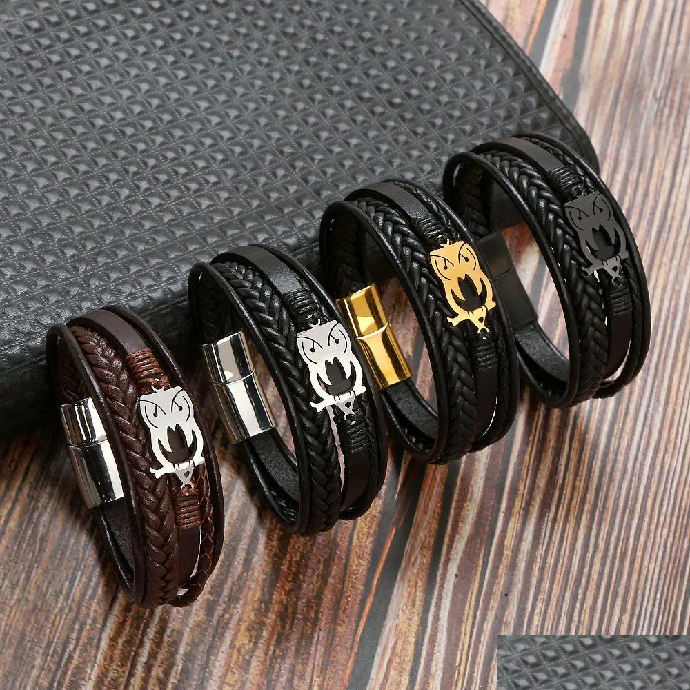 Keten Punk Roestvrij Staal Uil Bedelarmband Heren Titanium Magneet Gesp Leer Gevlochten Drop Levering Sieraden Armbanden Dhljp