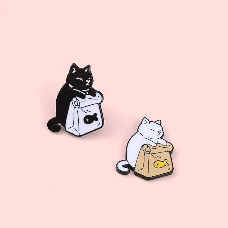 Cute Black White Cats Enamel Pins Dried Fish Bag Brooch Cartoon Animal Badges Denim Lapel Pin Jewelry Gift