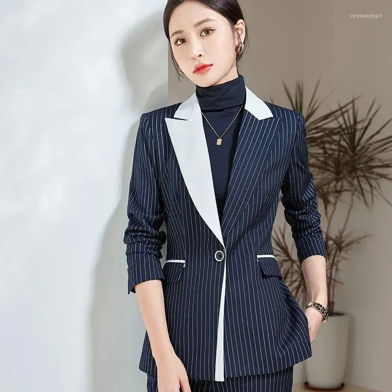 Women's Two Piece Pants Long Sleeve Striped Stitching Fashion Suit Fabric Wine Red Work Uniforms Navy Blue Business Wear Tooling