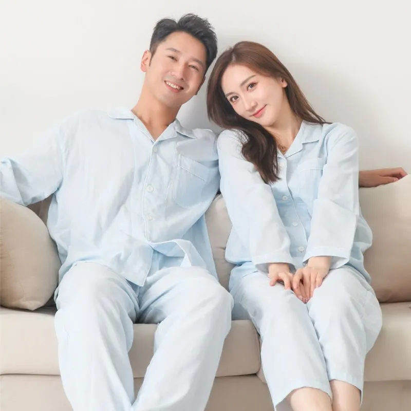 Designer Cotton Pajamas For Men Lounge Sleepwear Men Solid Blue Home Clothes Pure Cotton set