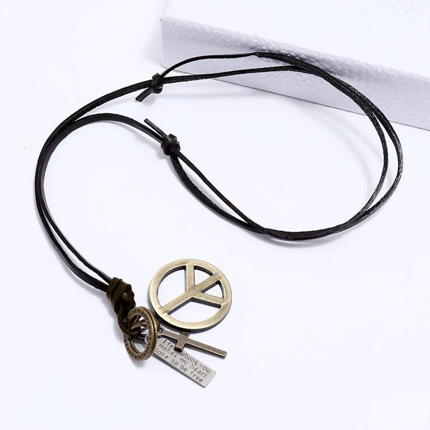 Pendentif Colliers Love World Peace Collier Lettre Id Bague Croix Charme Chaîne Réglable En Cuir Pour Femmes Hommes Bijoux De Mode Cadeau D Dhkqy