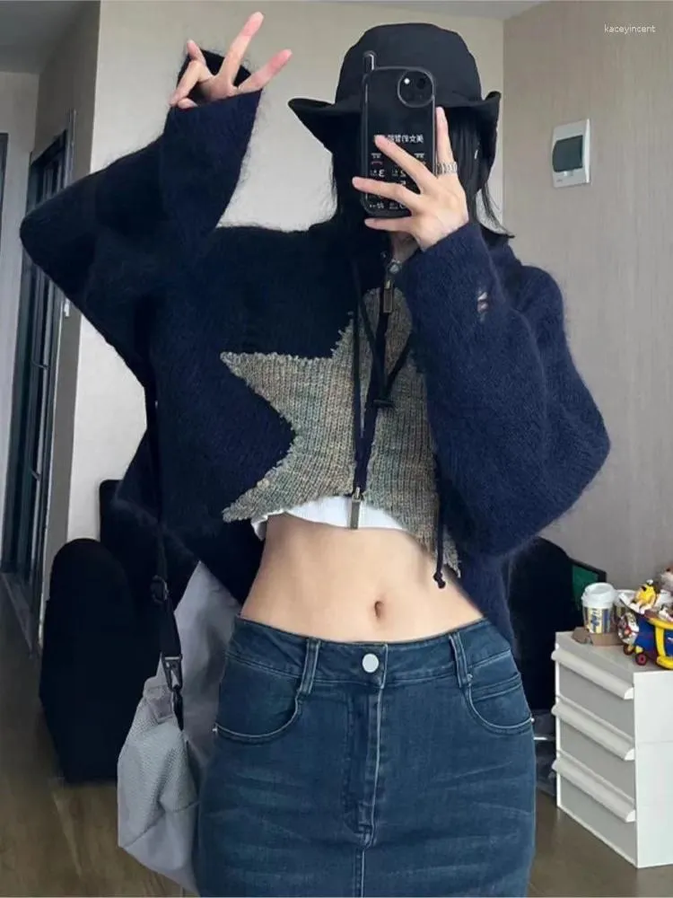 Sweats à capuche pour femmes 2023 Automne Rétro Cardigan Femmes Patchwork Étoiles Pull Y2k Vintage Tricoté Court À Capuche Streetwear Cachemire