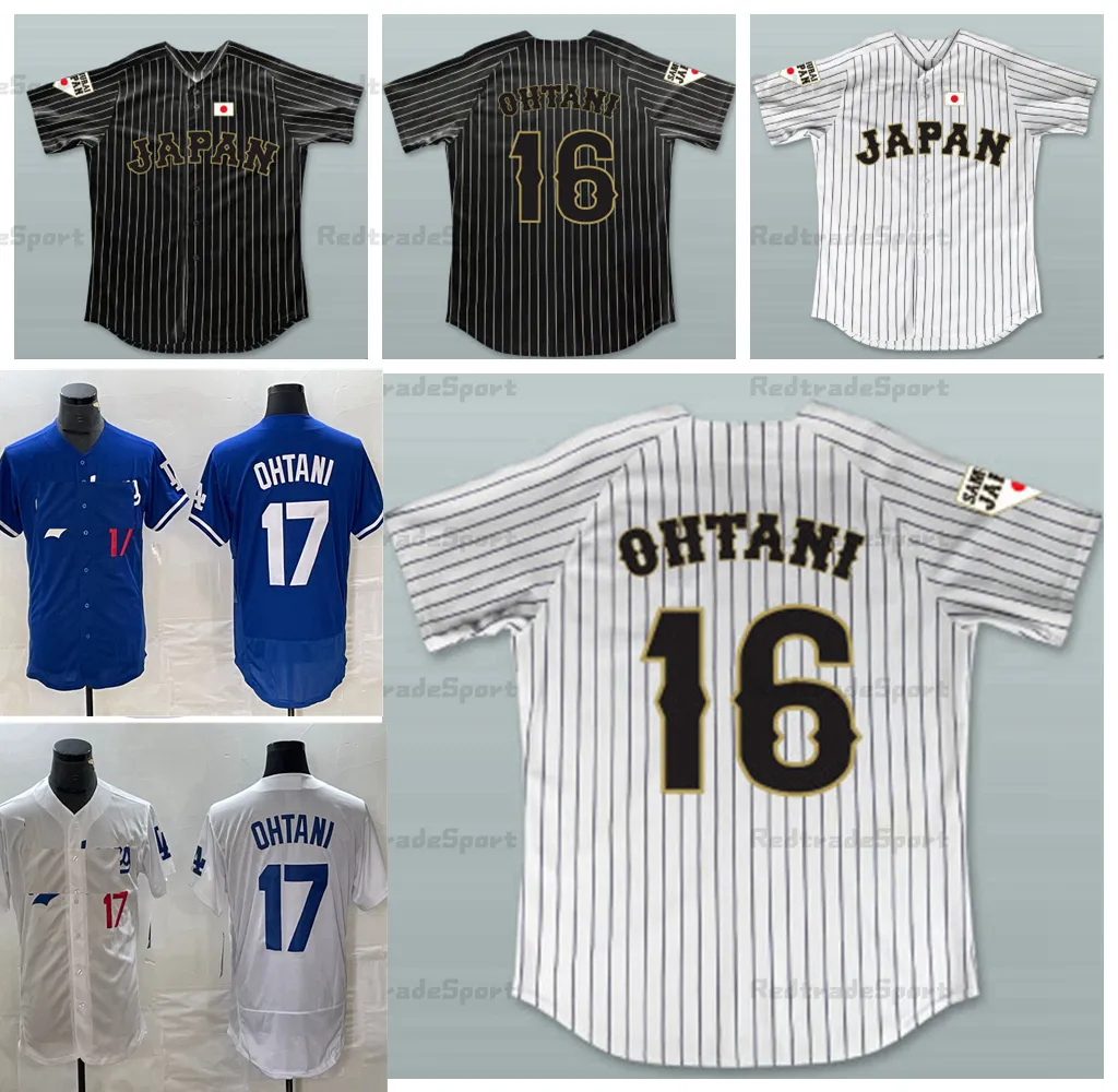 빈티지 남성 Shohei Ohtani 16 Japan Samurai Pinstriped 야구 유니폼 화이트 블랙 블루 #17 LA 스티치 저지 녹색 청록색 셔츠