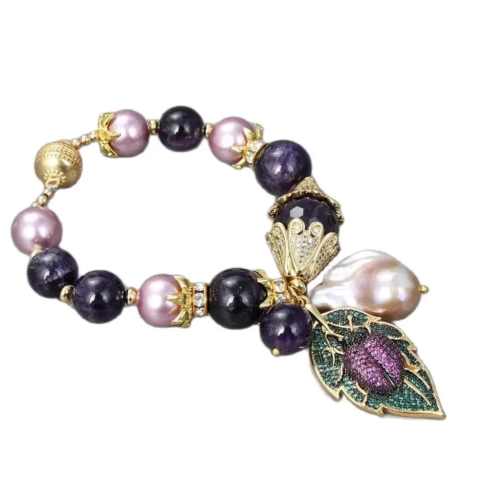 Armreif GuaiGuai Jewelry 20,3 cm lila Muschelperle Amethyst Keshi Perlenarmband Cz Pave Biene Anhänger