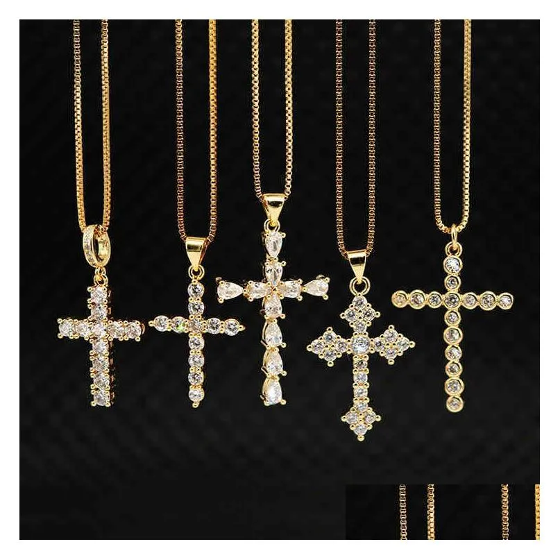 Pendentif Colliers NS1082 Haute Qualité Diamant Christian Relin Bijoux Plaqué Or Chaîne En Acier Inoxydable CZ Micro Pave Croix Collier Dhfu3