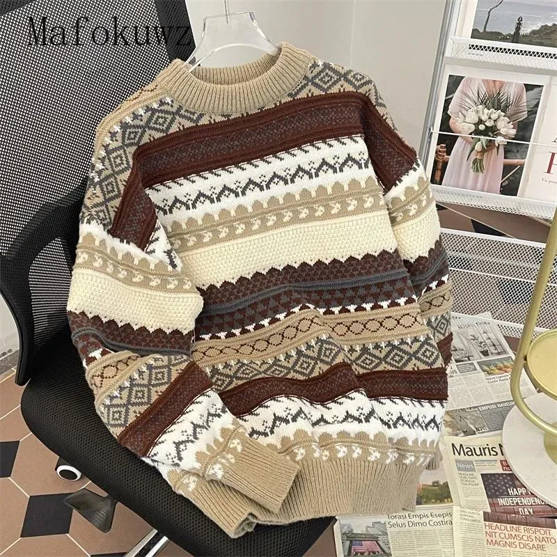 Männer Pullover Amerikanischen Gestreiften Jacquard Pullover Herbst Winter Verdicken Beiläufige Lose Gestrickte Pullover Männliche Kleidung Für Weihnachten